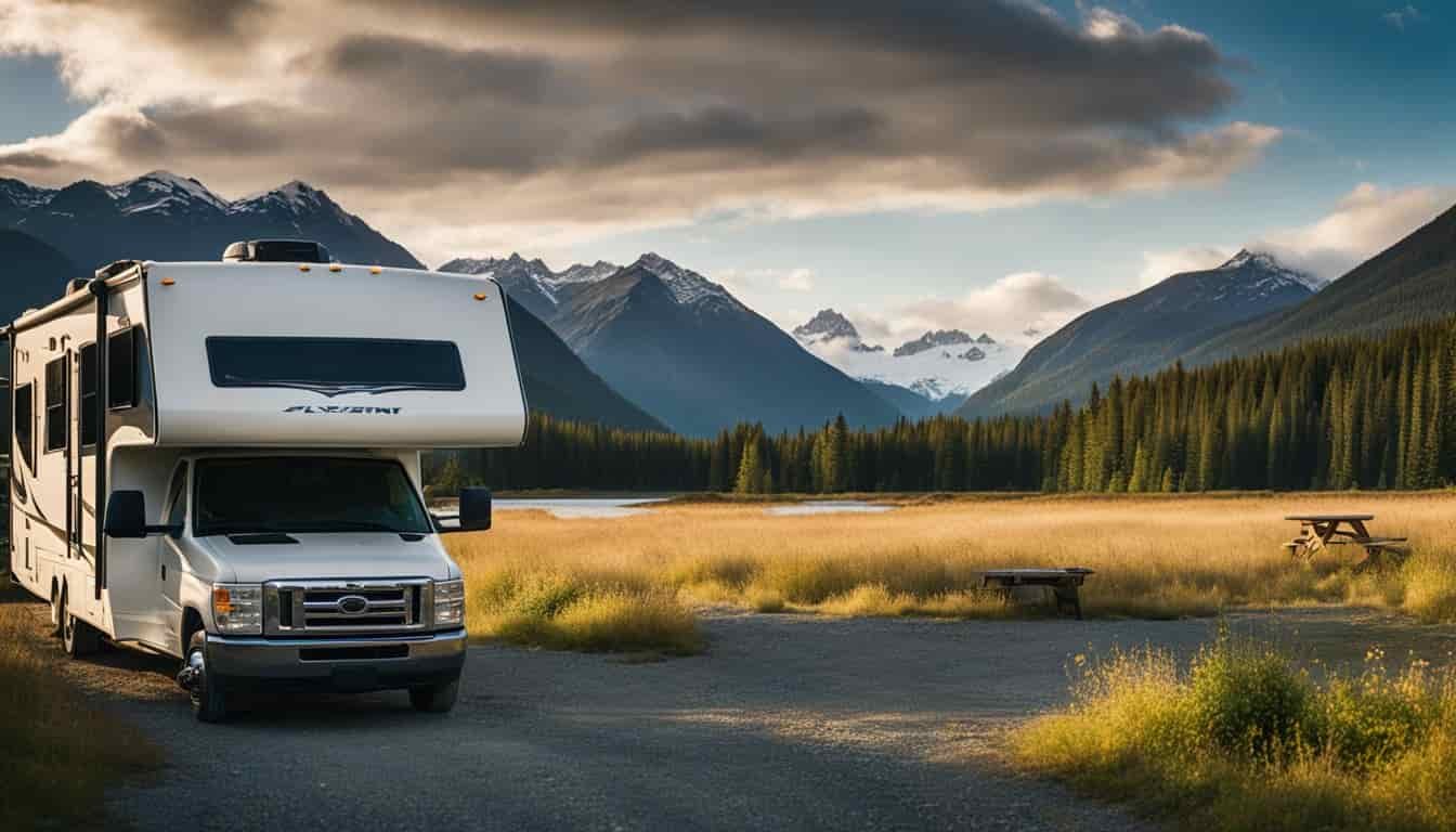 An RV parked in a scenic Alaskan landscape, surrounded by mountains and forests, with a clear blue sky and a serene atmosphere