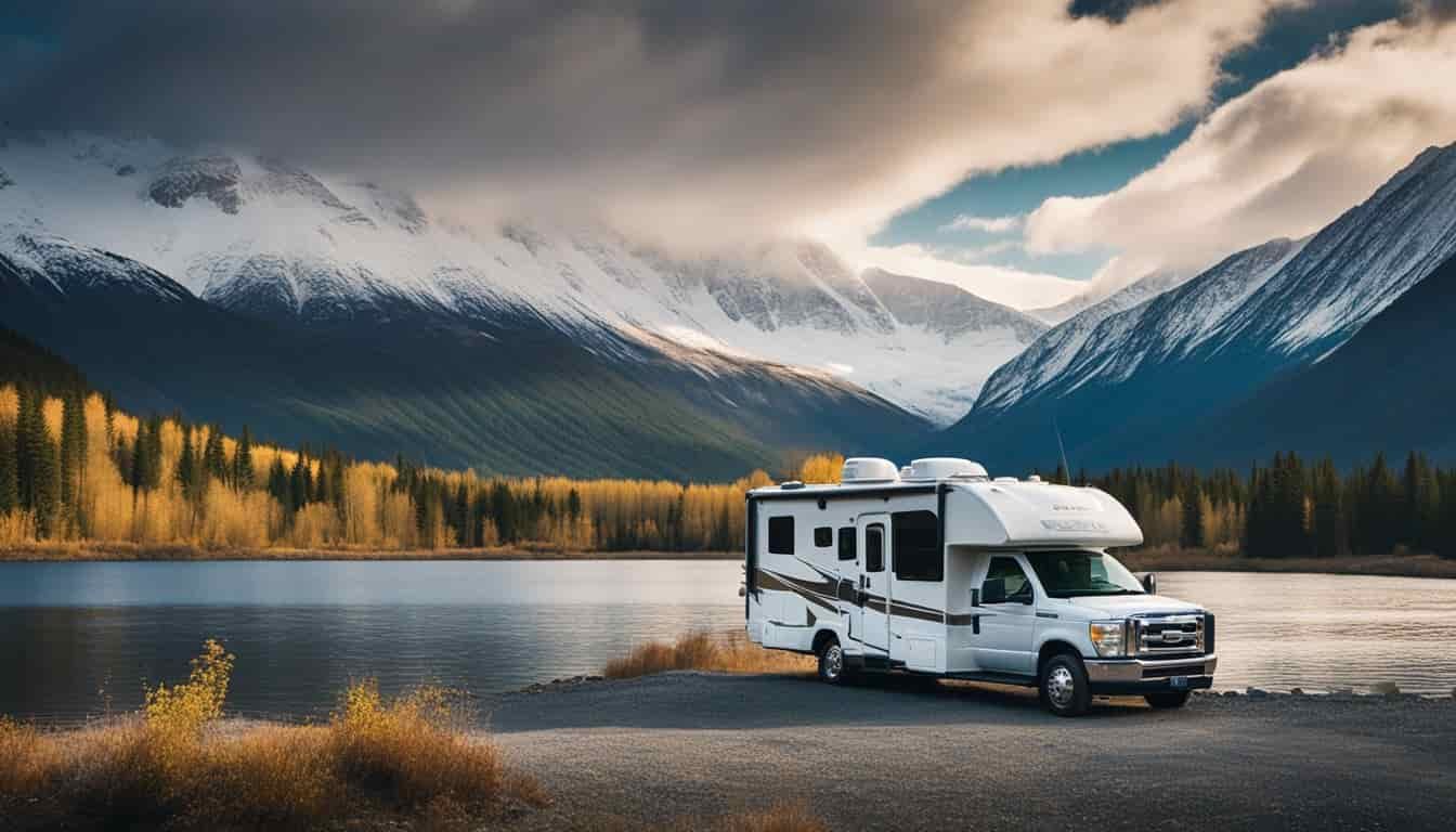 An RV parked in a scenic Alaskan wilderness, with snow-capped mountains in the background and a tranquil river flowing nearby