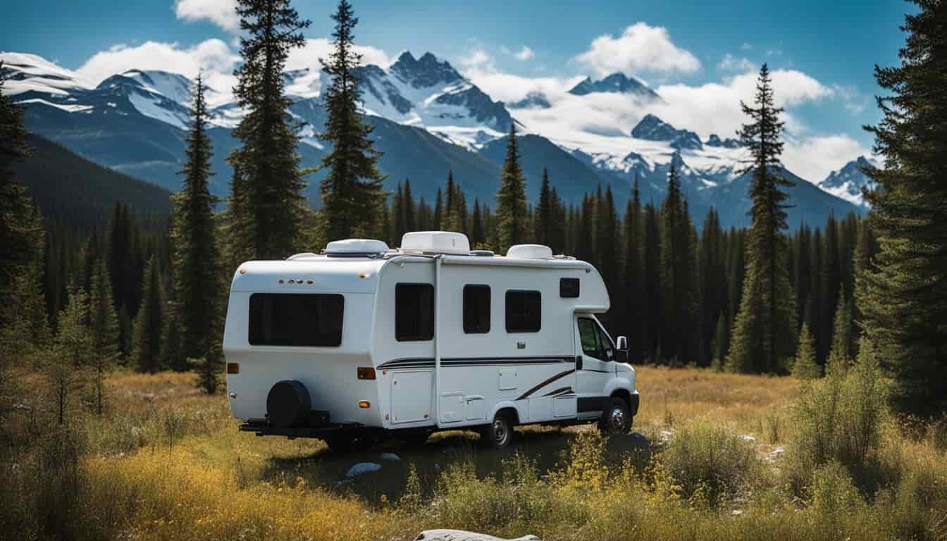 An RV parked in an Alaskan wilderness, surrounded by snow-capped mountains and dense forests, with a clear blue sky overhead