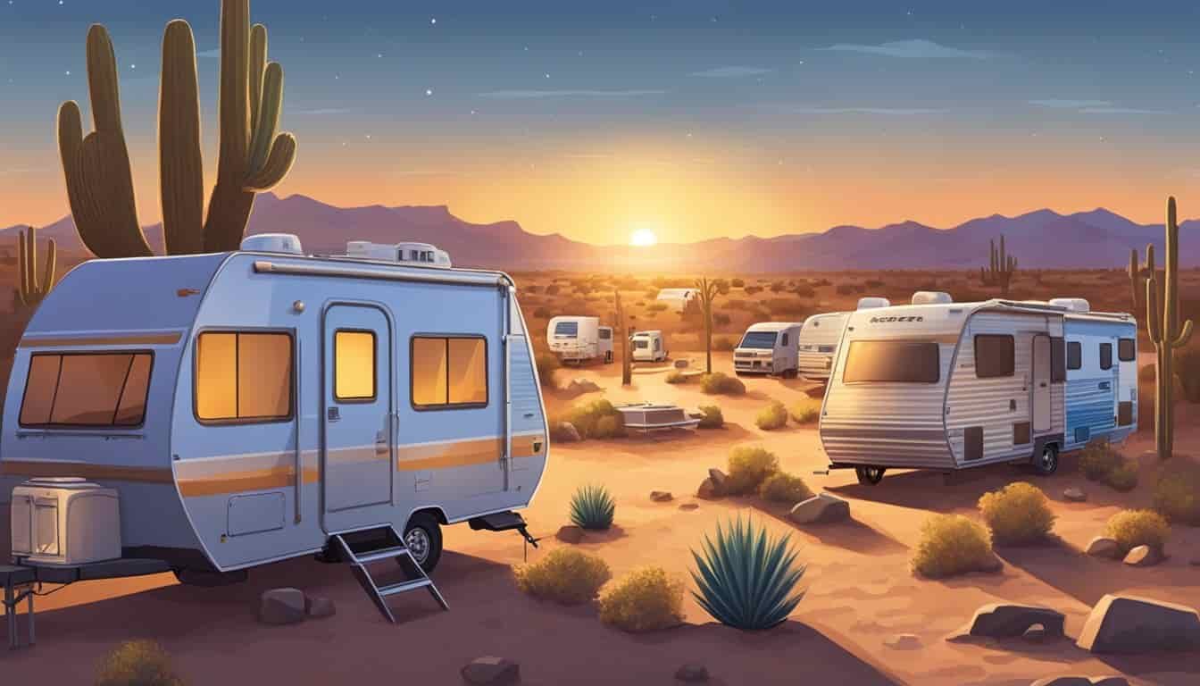 A desert landscape with a variety of RVs parked in a rental lot in Arizona. The sun is setting, casting a warm glow over the scene