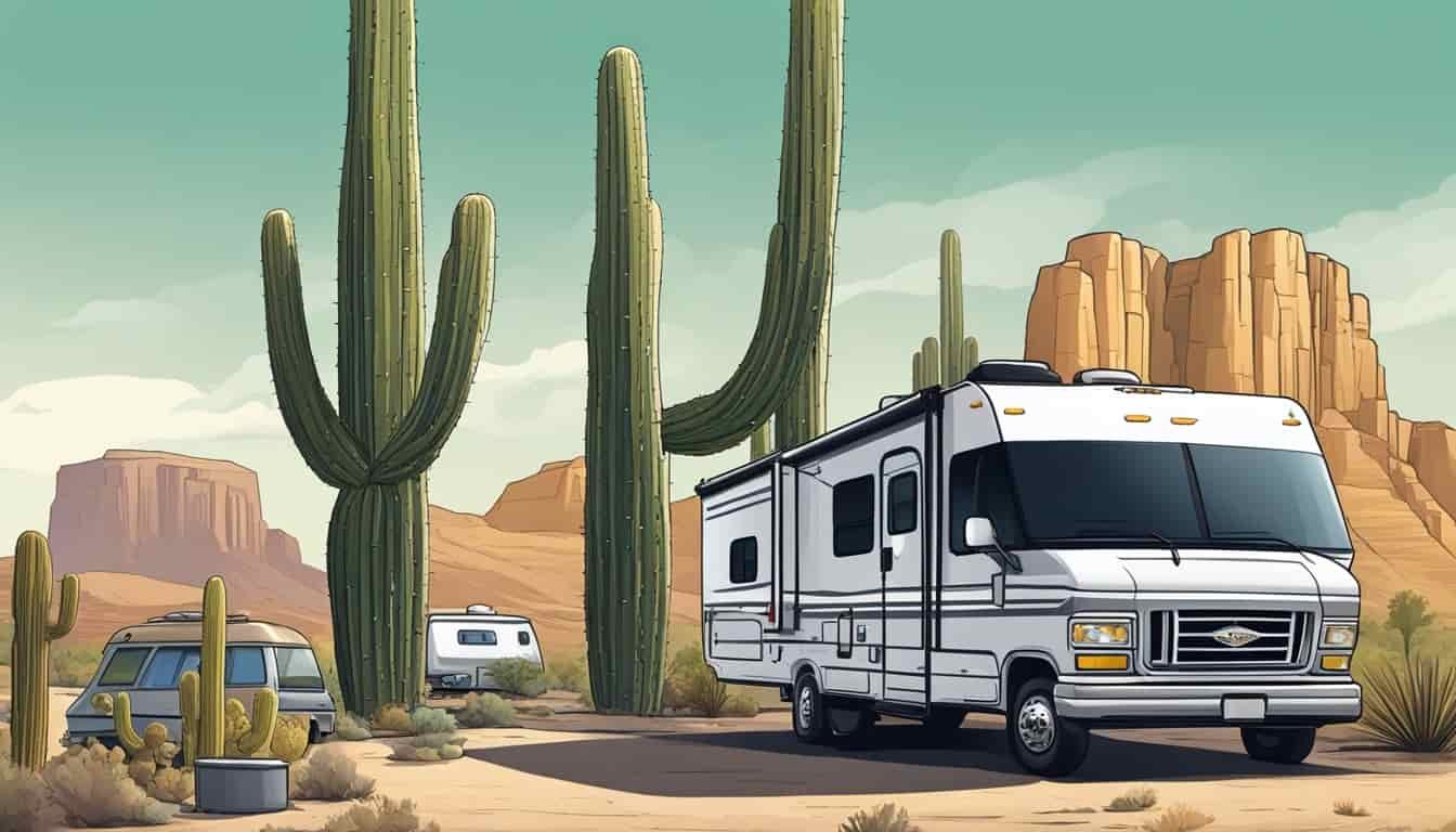 An RV parked under the shade of towering saguaro cacti in the Arizona desert, with a campground in the background