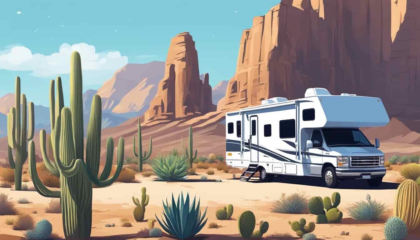 An RV parked in the Arizona desert, surrounded by cacti and mountains under a clear blue sky