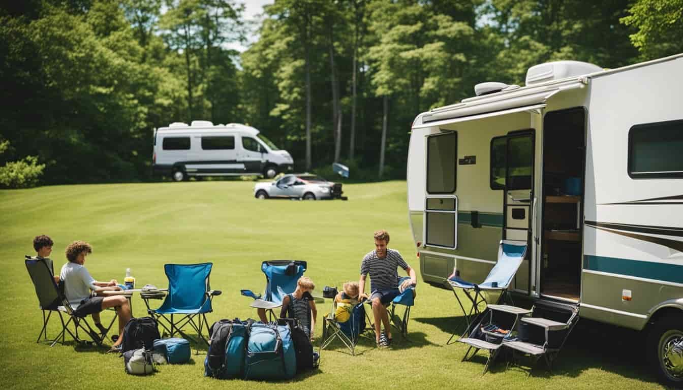A family loads camping gear into a rented RV in Connecticut, surrounded by lush green trees and a clear blue sky