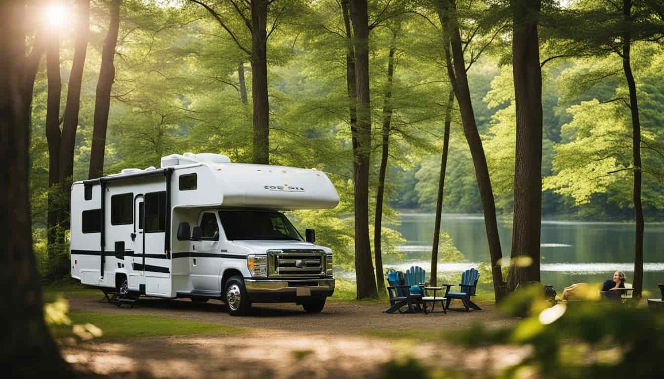 An RV parked in a scenic Connecticut campground, surrounded by lush greenery and a tranquil lake, with a family enjoying outdoor activities nearby