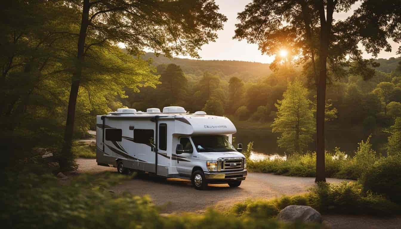 An RV parked in a scenic Delaware campground, surrounded by lush greenery and a winding river. The sun is setting, casting a warm glow over the landscape