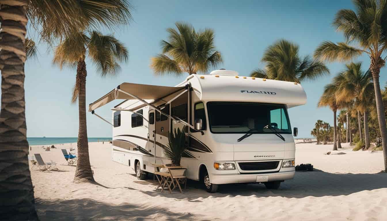 An RV parked under palm trees on a sunny Florida beach, with a family enjoying a picnic and playing in the sand nearby
