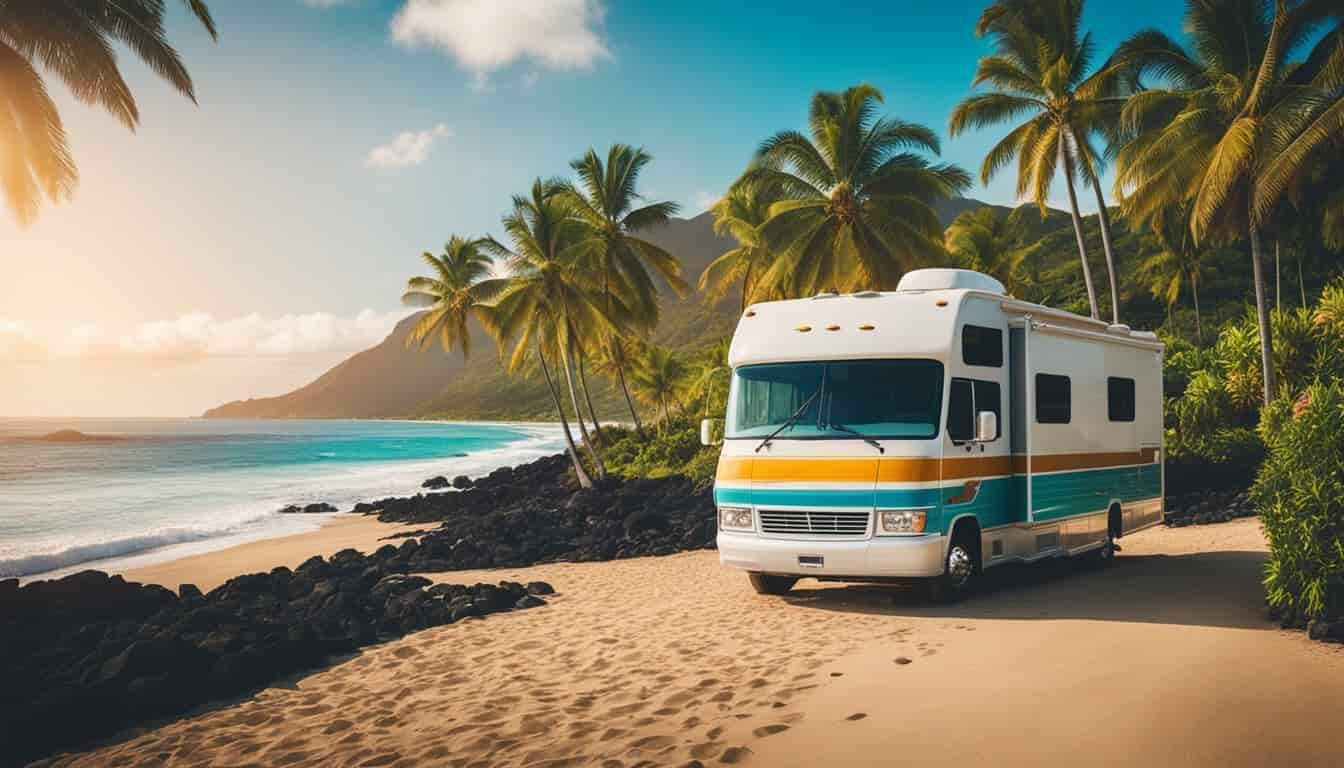A colorful RV parked in front of a lush Hawaiian landscape, with palm trees, sandy beaches, and clear blue ocean in the background