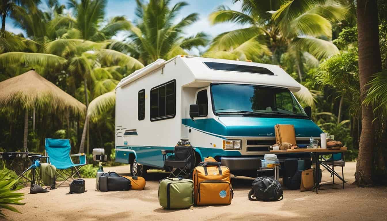 A family loads camping gear into a rented RV against a backdrop of lush Hawaiian mountains and a sparkling blue ocean