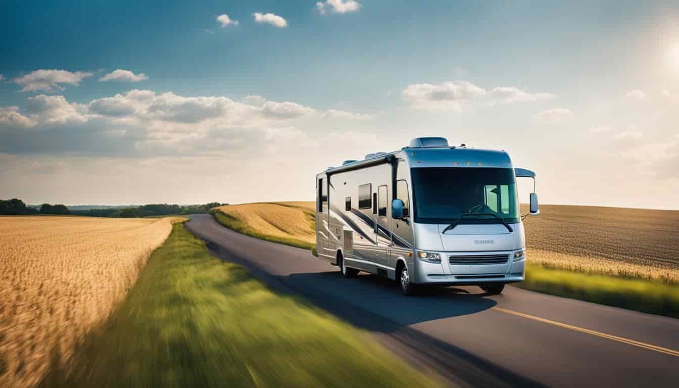 An RV travels through rural Illinois, passing by rolling hills, cornfields, and small towns. The blue sky and fluffy white clouds create a picturesque backdrop for the journey