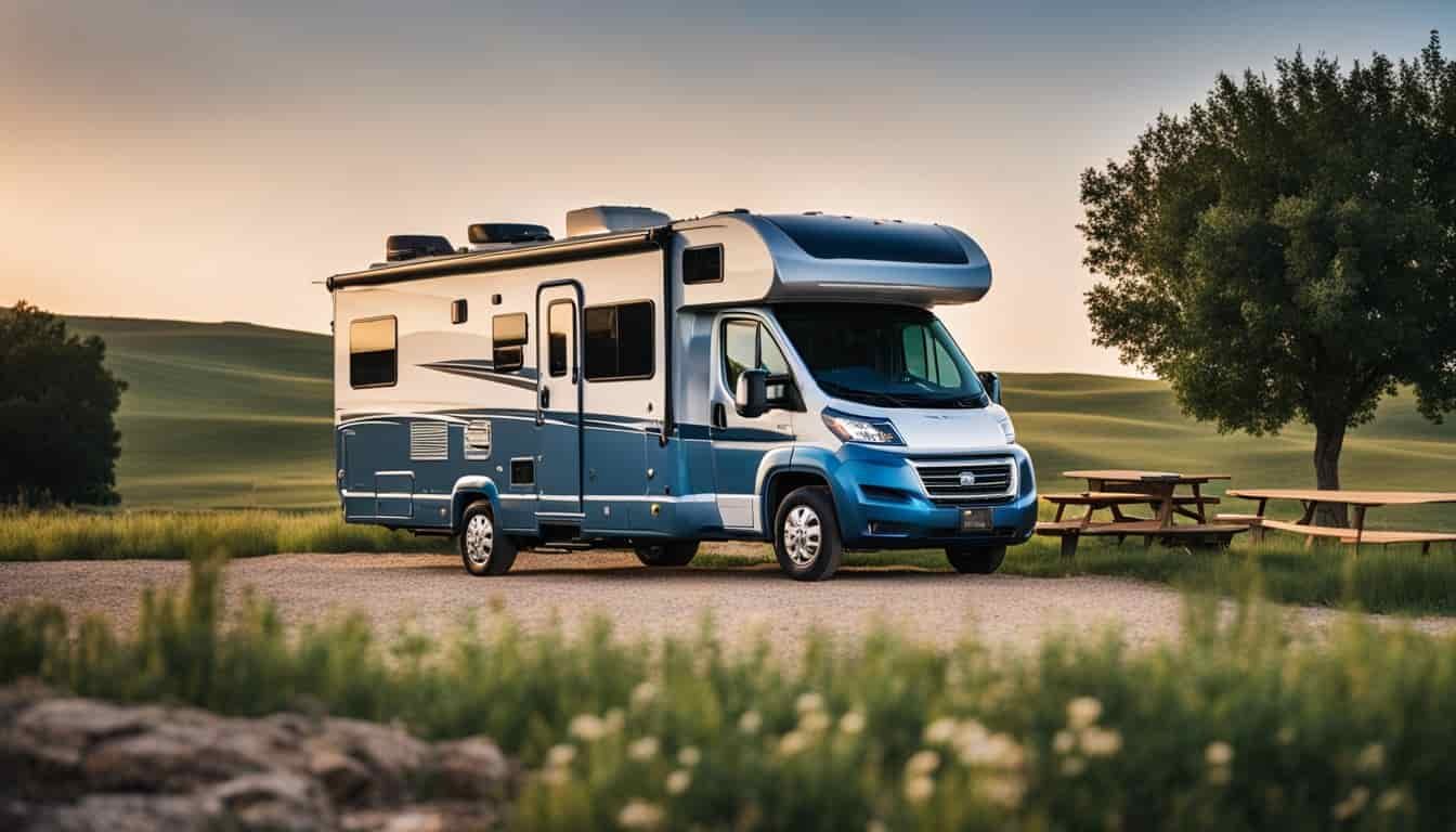 An RV parked at a scenic campsite in Kansas, surrounded by rolling hills and a clear blue sky