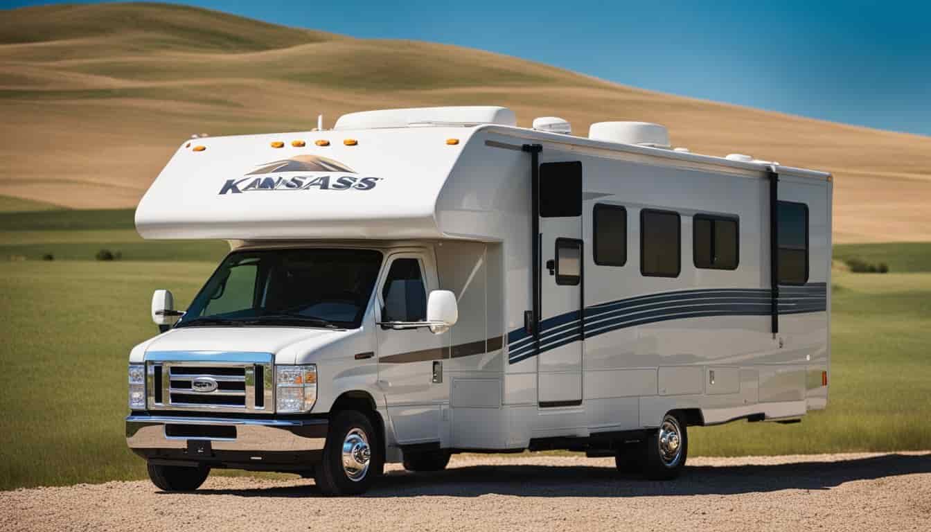 An RV parked in a scenic Kansas landscape, with a clear blue sky and rolling hills in the background