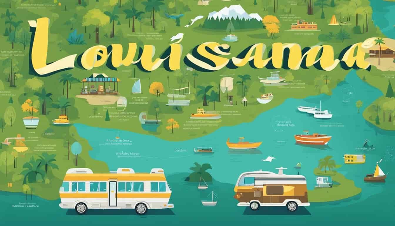 A colorful map of Louisiana with icons representing key locations and attractions. An RV parked in front of a lush bayou with Spanish moss-draped trees