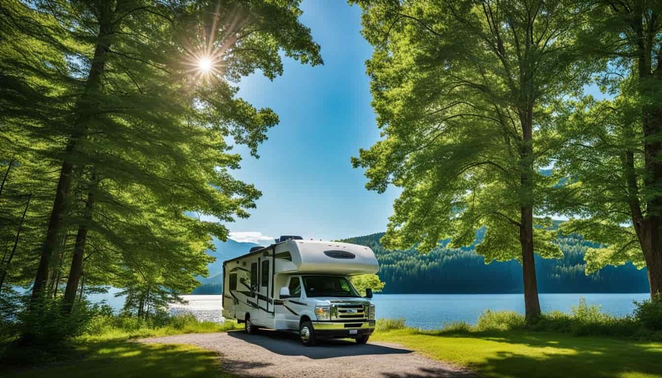 An RV parked by a serene lake in Maine, surrounded by lush green trees and mountains in the background. A clear blue sky overhead with a few fluffy white clouds