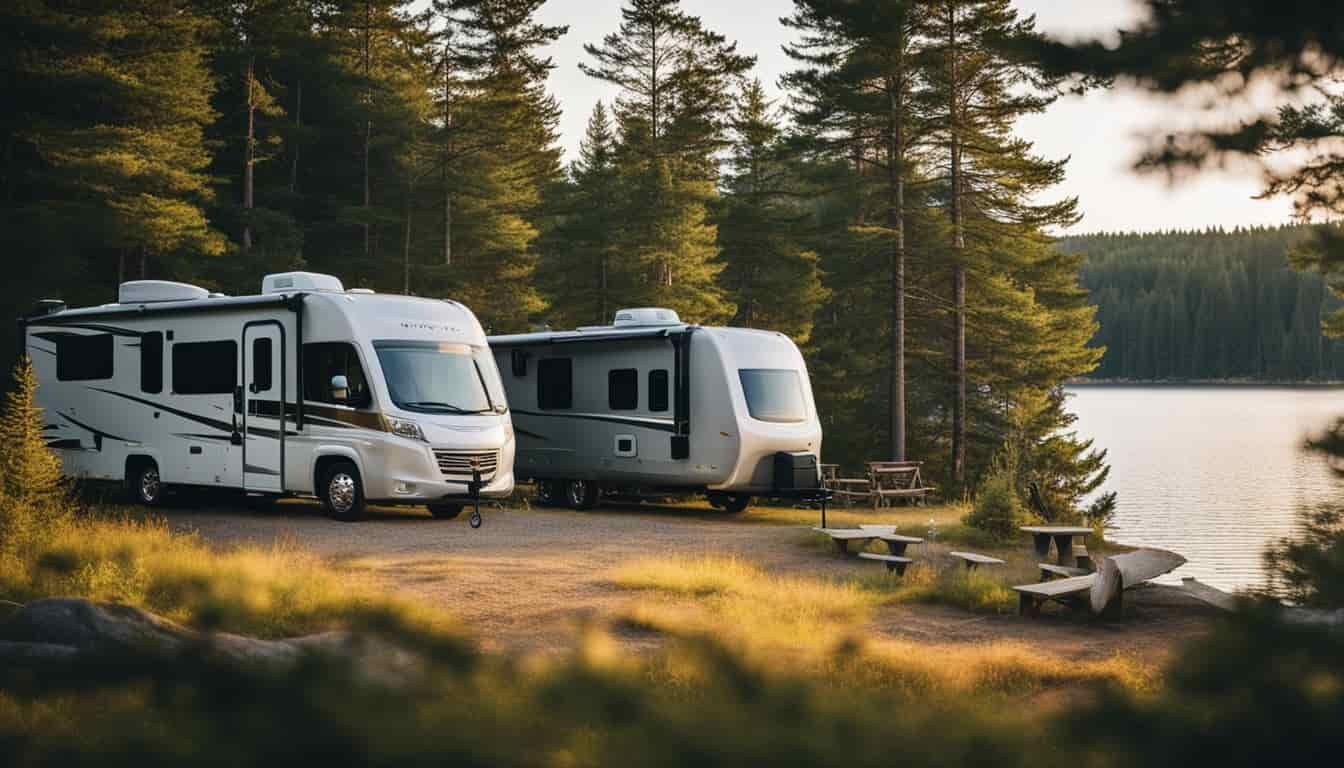 A serene lakeside campground in Maine, with spacious RV sites nestled among tall pine trees and a picturesque view of the water