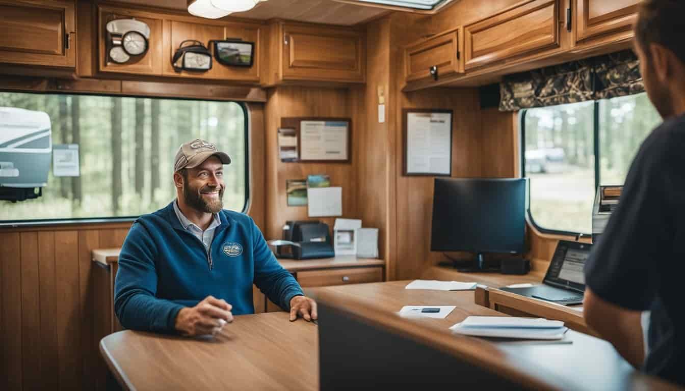 An RV rental office in Maine with a line of customers, a map of the state on the wall, and a friendly staff member answering questions