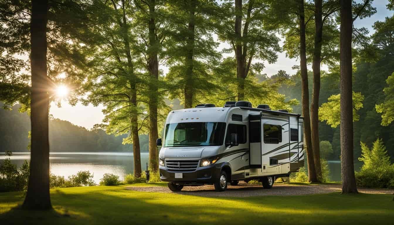 An RV parked in a lush green campground in Maryland, with a serene lake in the background and a family-friendly atmosphere