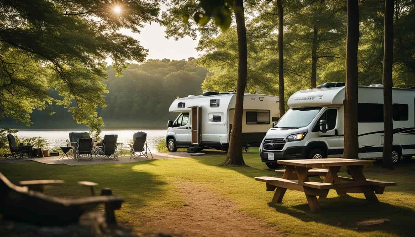 A serene waterfront campsite in Maryland, with RVs parked under shady trees, surrounded by lush greenery and a view of the sparkling water