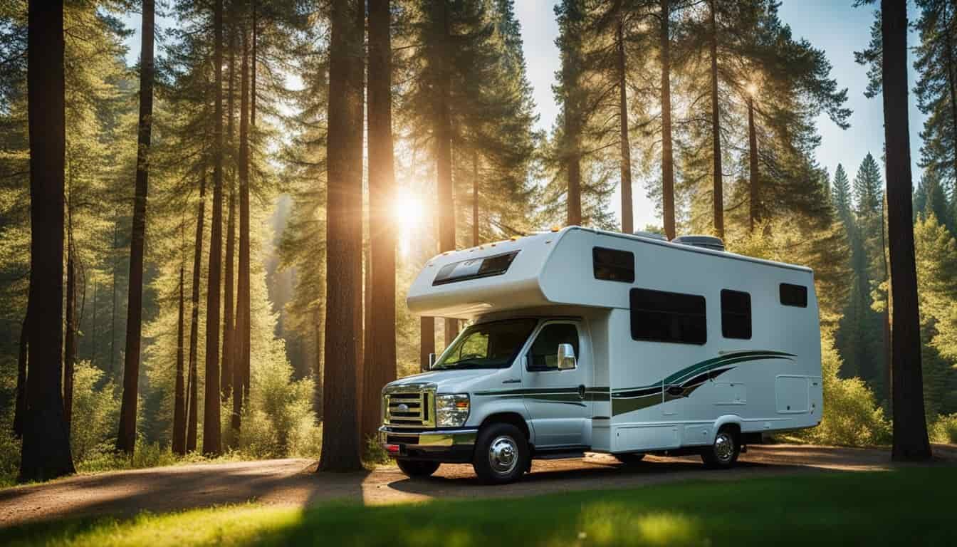 An RV parked in a lush green campground, surrounded by tall trees and a clear blue sky. The sun is shining, casting a warm glow on the vehicle