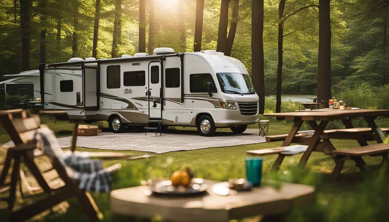 An RV parked in a lush Maryland campground, with a family setting up outdoor chairs and a grill. Maps and guidebooks are spread out on a picnic table