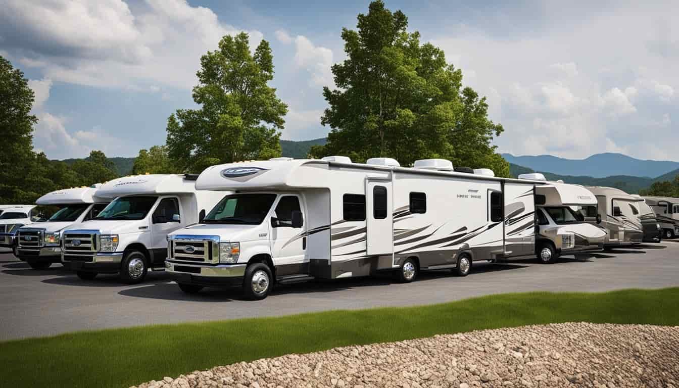 An RV rental office in Maryland with a line of customers, a helpful staff member, and a variety of RVs on display