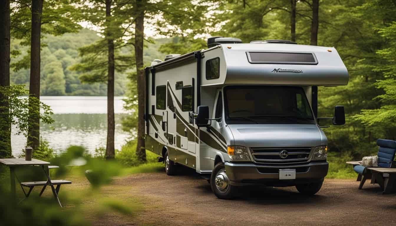 An RV parked in a scenic Massachusetts campground, surrounded by lush greenery and a serene lake in the background