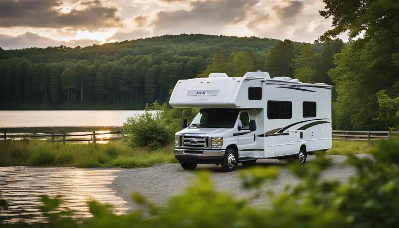 An RV parked in a scenic campground in Massachusetts, surrounded by lush greenery and a serene lake in the background