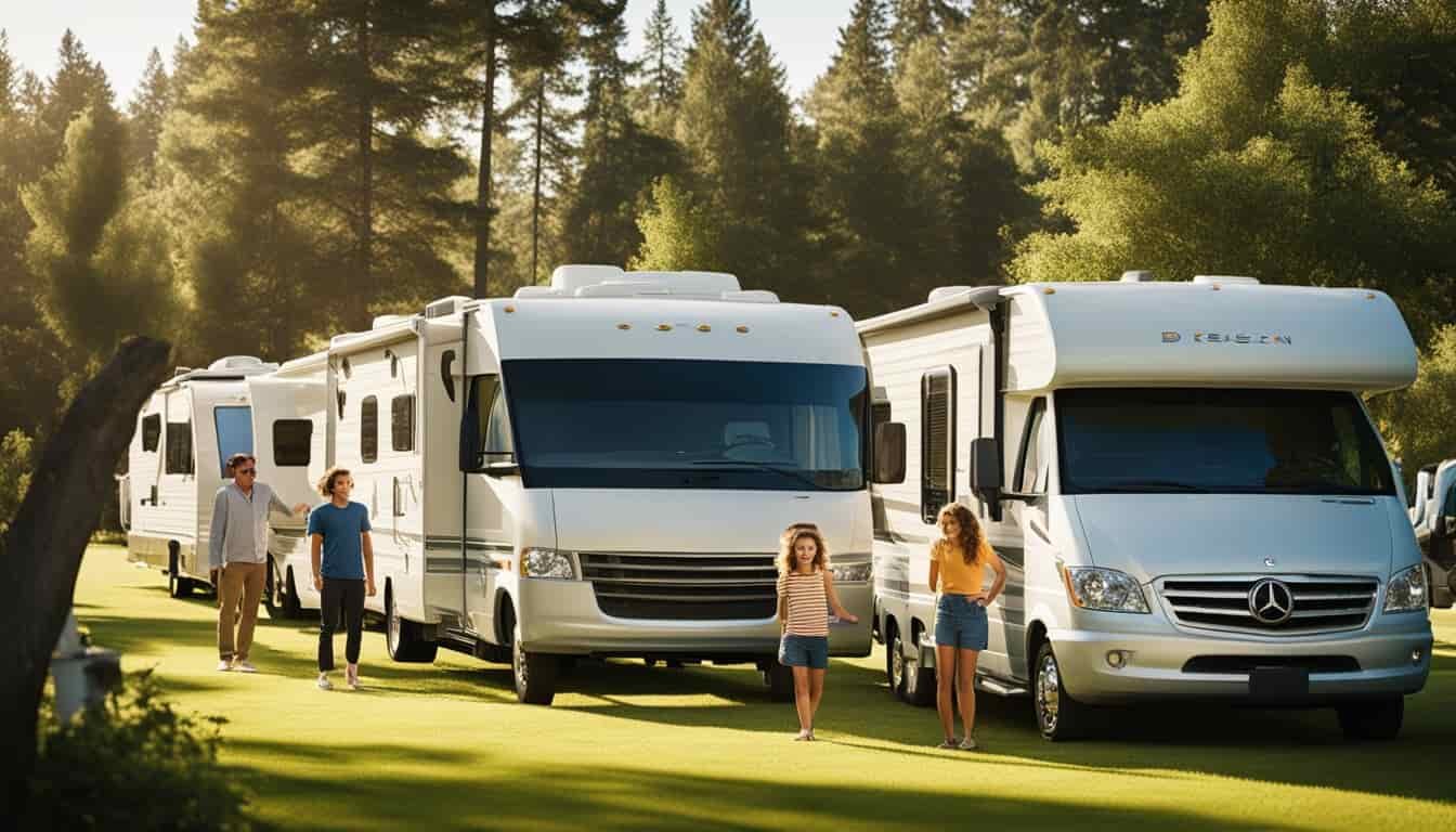 A family standing in front of a row of RVs at a rental lot, surrounded by lush green trees and a clear blue sky