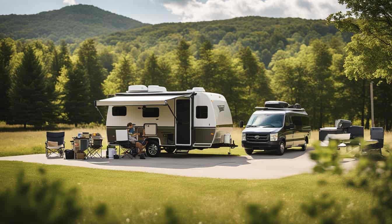 A family loads camping gear into an RV in front of a rental office in Missouri, surrounded by rolling hills and green trees