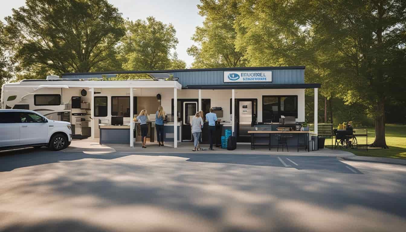 An RV rental office in Missouri with a line of customers waiting to book and manage their rentals. A staff member assists a customer at the counter