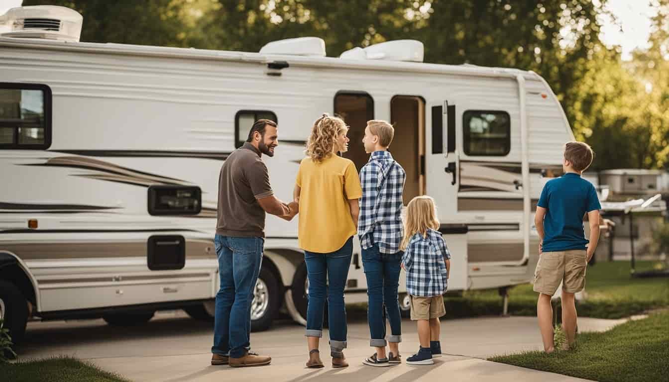 A family standing in front of an RV rental office in Missouri, with a friendly staff member answering their questions