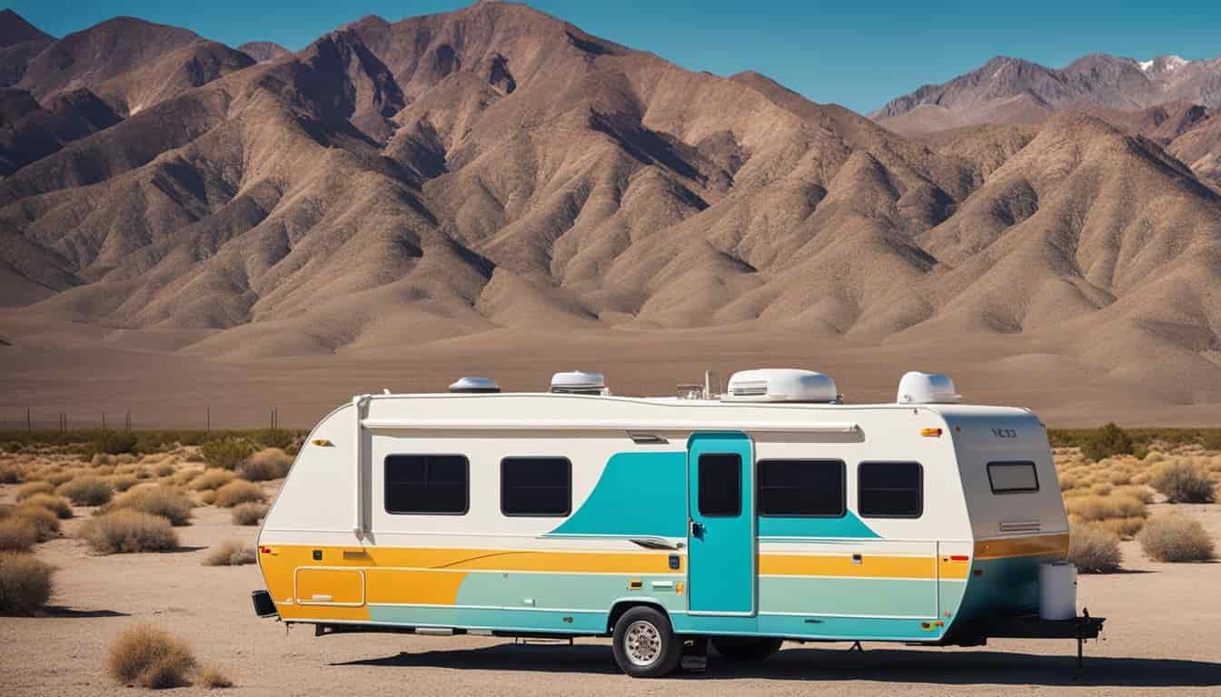 A colorful RV parked in the Nevada desert with mountains in the background, under a clear blue sky