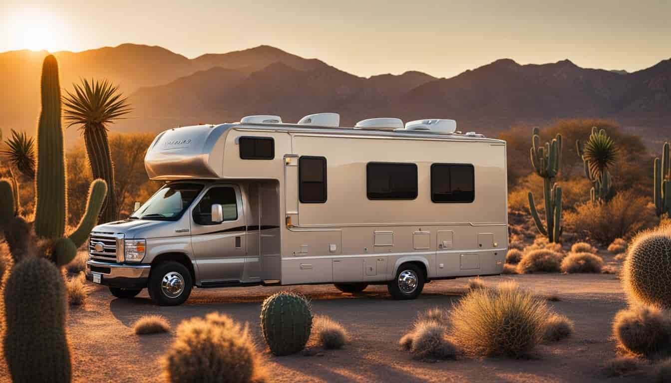 An RV parked in the Nevada desert, surrounded by rugged mountains and cacti. The sun is setting, casting a warm glow on the vehicle