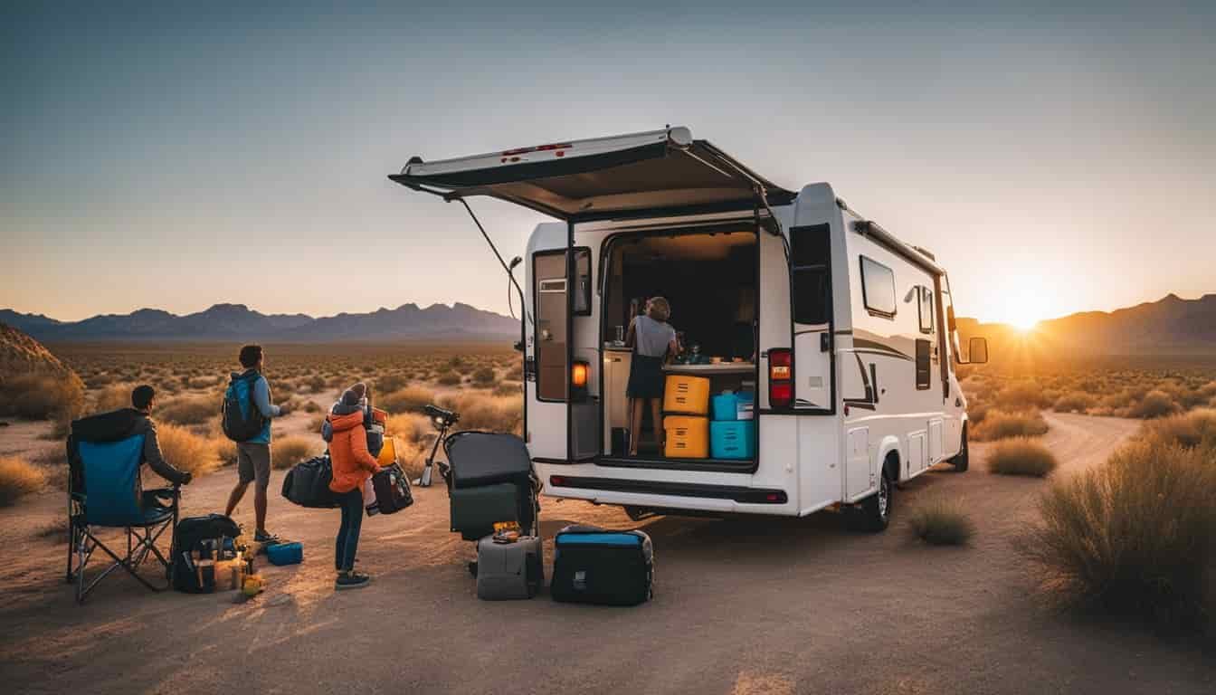 A family loads camping gear, food, and supplies into a rented RV in Nevada. The sun sets over the desert landscape as they prepare for their adventure