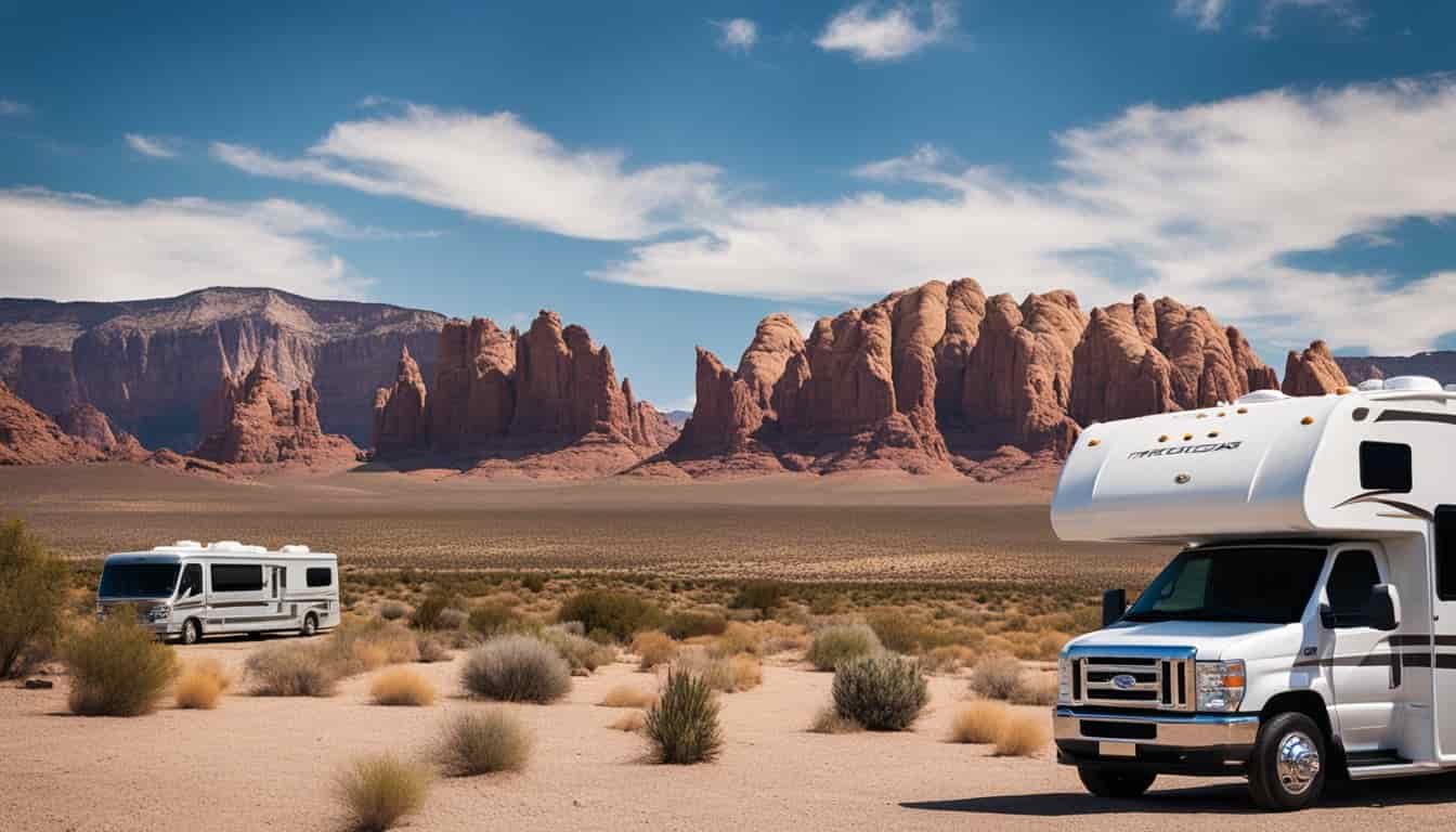 An RV parked in the desert, with a backdrop of Nevada's iconic red rock formations and expansive blue skies