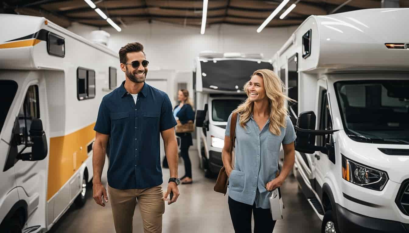 A person walks into an RV rental office in Nevada. They are surrounded by various models of RVs, with staff members assisting customers and discussing rental logistics
