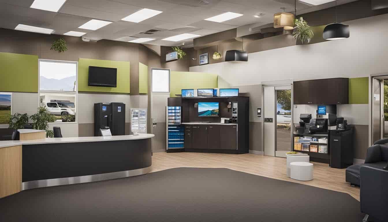 An RV rental office in Nevada with a customer service desk, a waiting area, and a display of different RV models