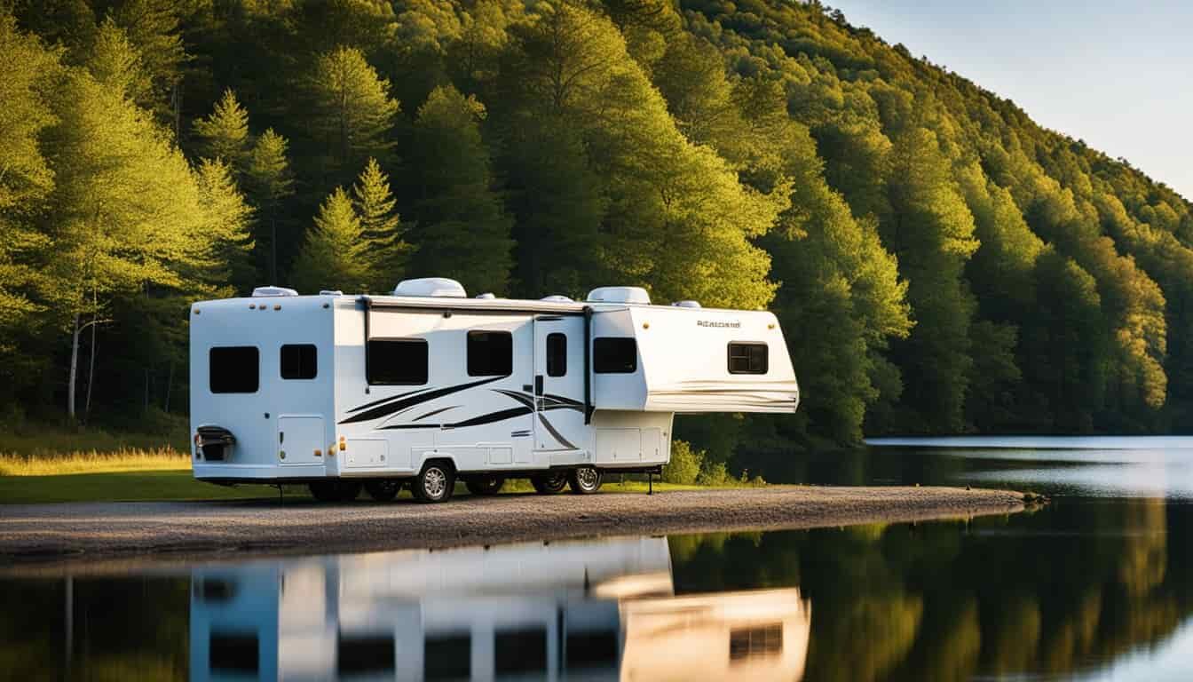 An RV parked by a serene lake in New Hampshire, surrounded by lush green trees and a clear blue sky