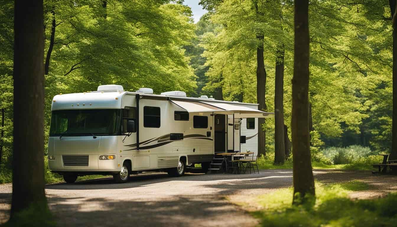 An RV parked in a scenic New York campground, surrounded by lush green trees and a clear blue sky