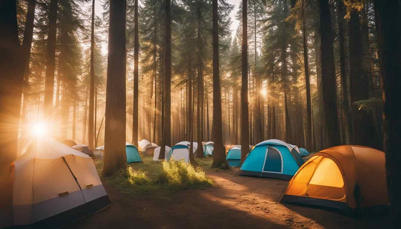 A serene forest clearing with a winding path leading to a cluster of colorful tents and RVs nestled among the trees. The sun sets in the background, casting a warm glow over the scene
