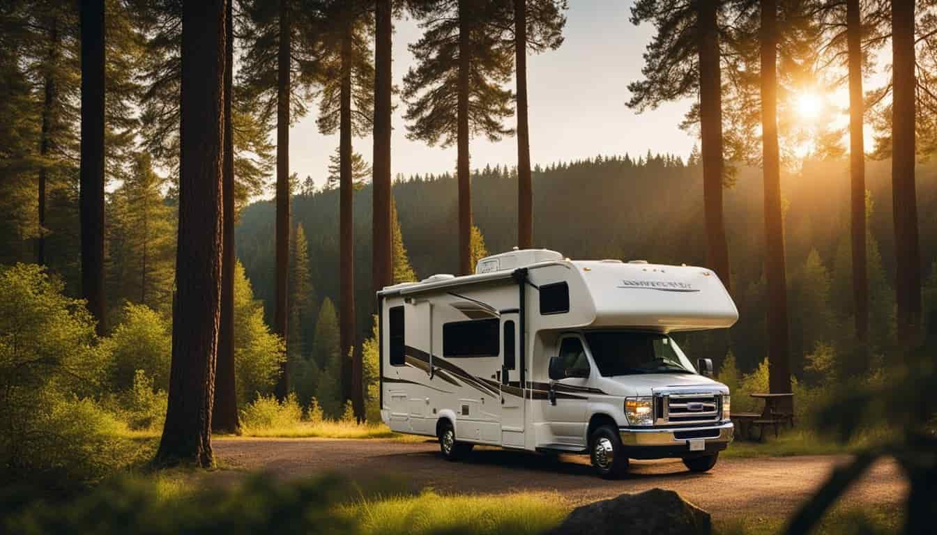 An RV parked in a lush green campground, surrounded by tall trees and a winding river. The sun is setting, casting a warm glow over the scene