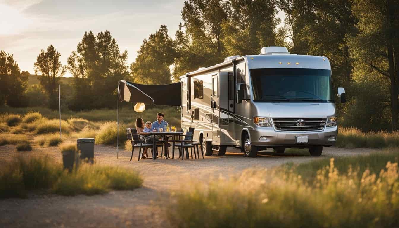 An RV parked in a scenic North Dakota landscape, with a family enjoying convenient amenities and services, such as hookups and rental assistance
