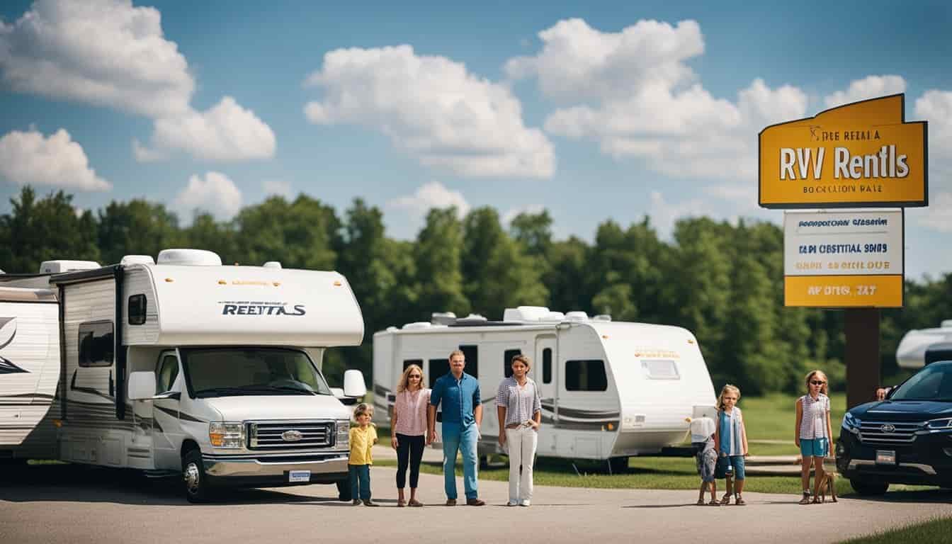 A family standing in front of a selection of RVs at a rental lot in Ohio, with a sign advertising RV rentals in the background