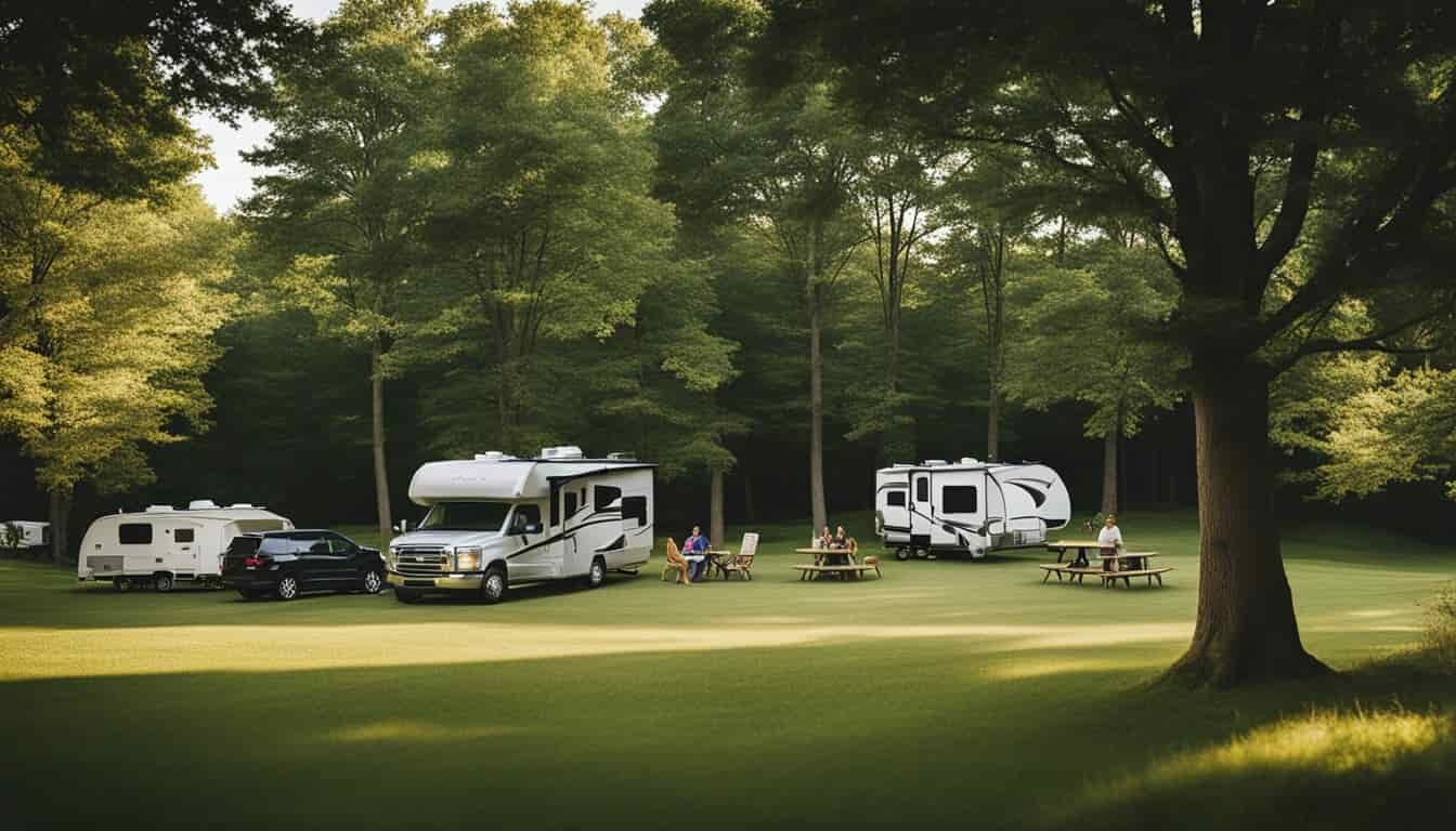 A serene campground nestled in the Ohio countryside, surrounded by lush greenery and rolling hills. RVs are parked in designated spots, with families enjoying outdoor activities and campfires