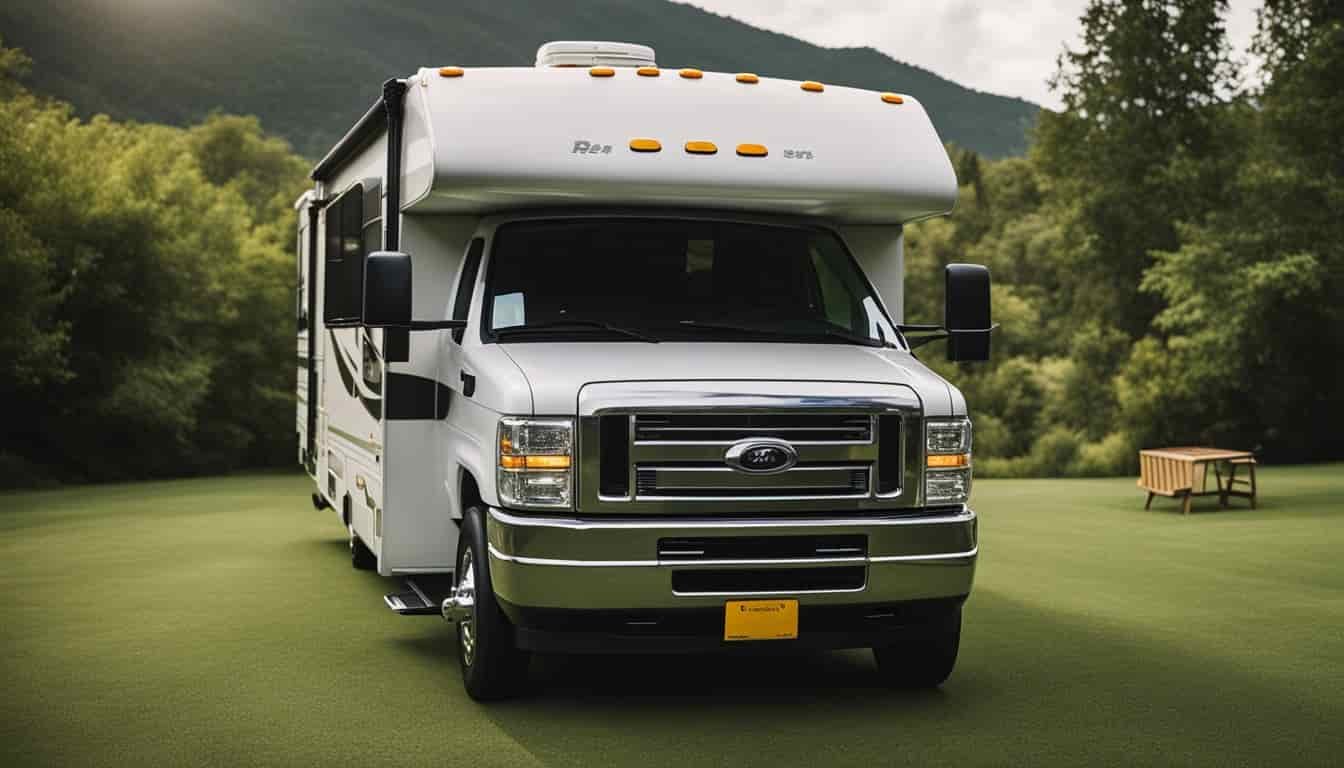 An RV parked in a spacious lot with a backdrop of rolling hills and lush greenery. A sign displaying rental policies and tips is prominently displayed near the entrance