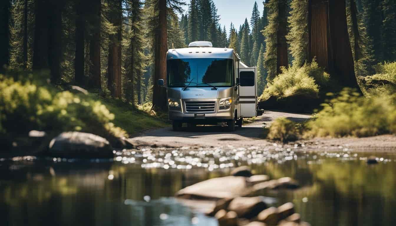 An RV parked in a scenic Oregon campground, surrounded by tall trees and a winding river, with a clear blue sky above