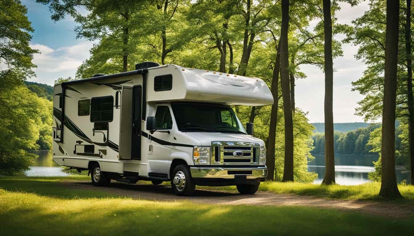 An RV parked in a lush Pennsylvania campground, surrounded by tall trees and a winding river, with a clear blue sky overhead