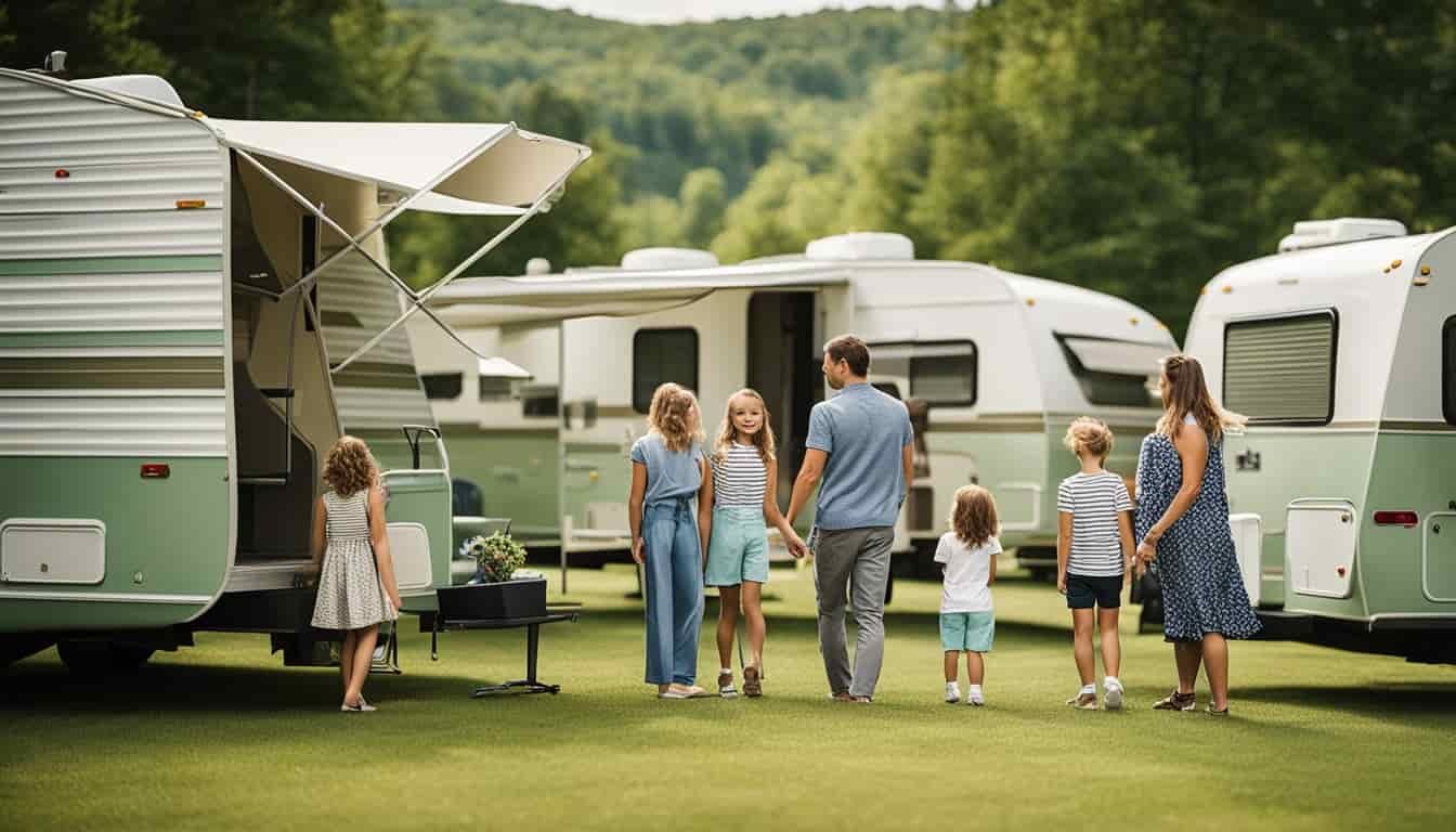 A family stands in front of a row of RVs at a rental lot in Pennsylvania, surrounded by lush green trees and rolling hills in the background