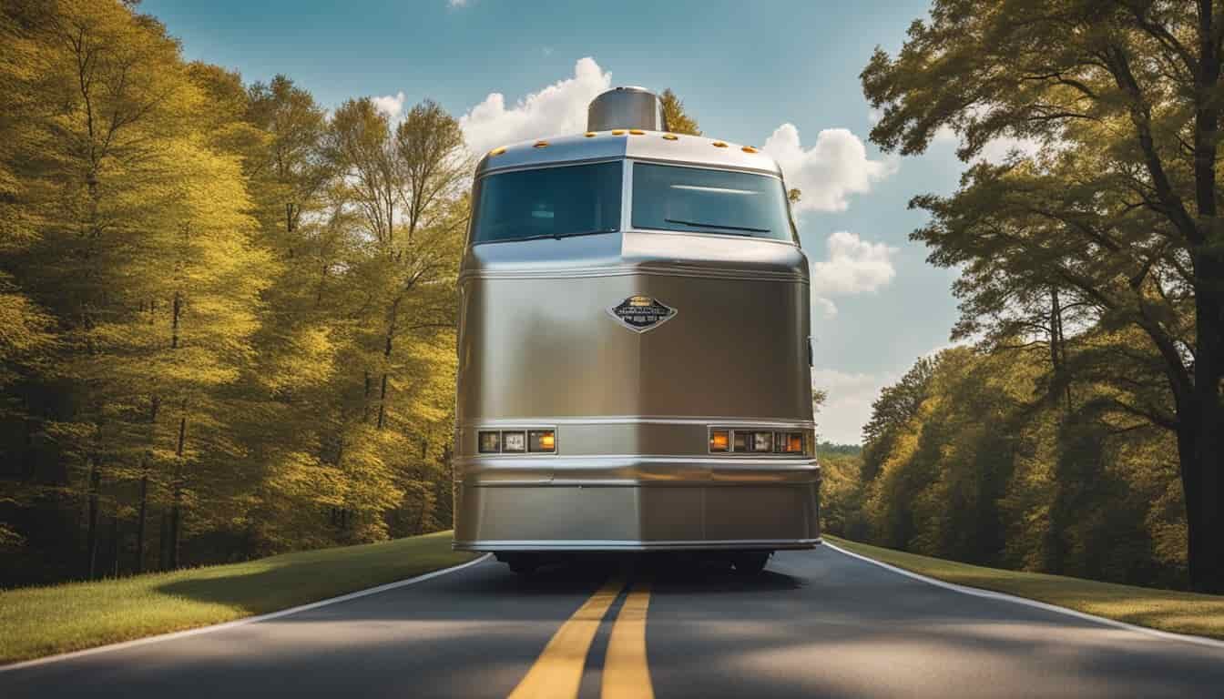 An RV drives past iconic Pennsylvania attractions, including the Liberty Bell, Hershey Park, and the Amish country