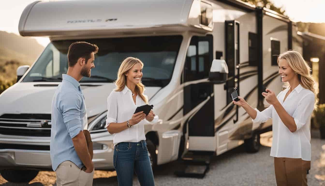 A family standing in front of a rental RV office, with a representative handing them keys and explaining the vehicle's features