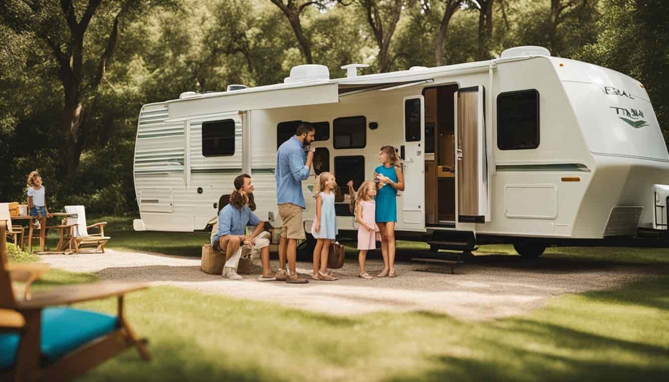 A family standing outside a rental RV in a Texas campground, surrounded by lush greenery and a clear blue sky. The RV is spacious and modern, with large windows and a colorful exterior design